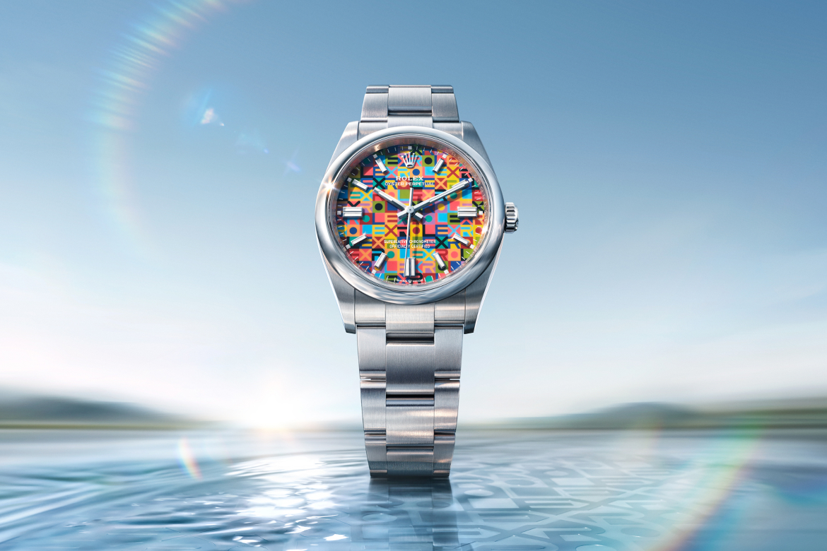 Die neue Oyster Perpetual 36 mit farbenfrohem Jubilee-Motiv auf dem Wasser