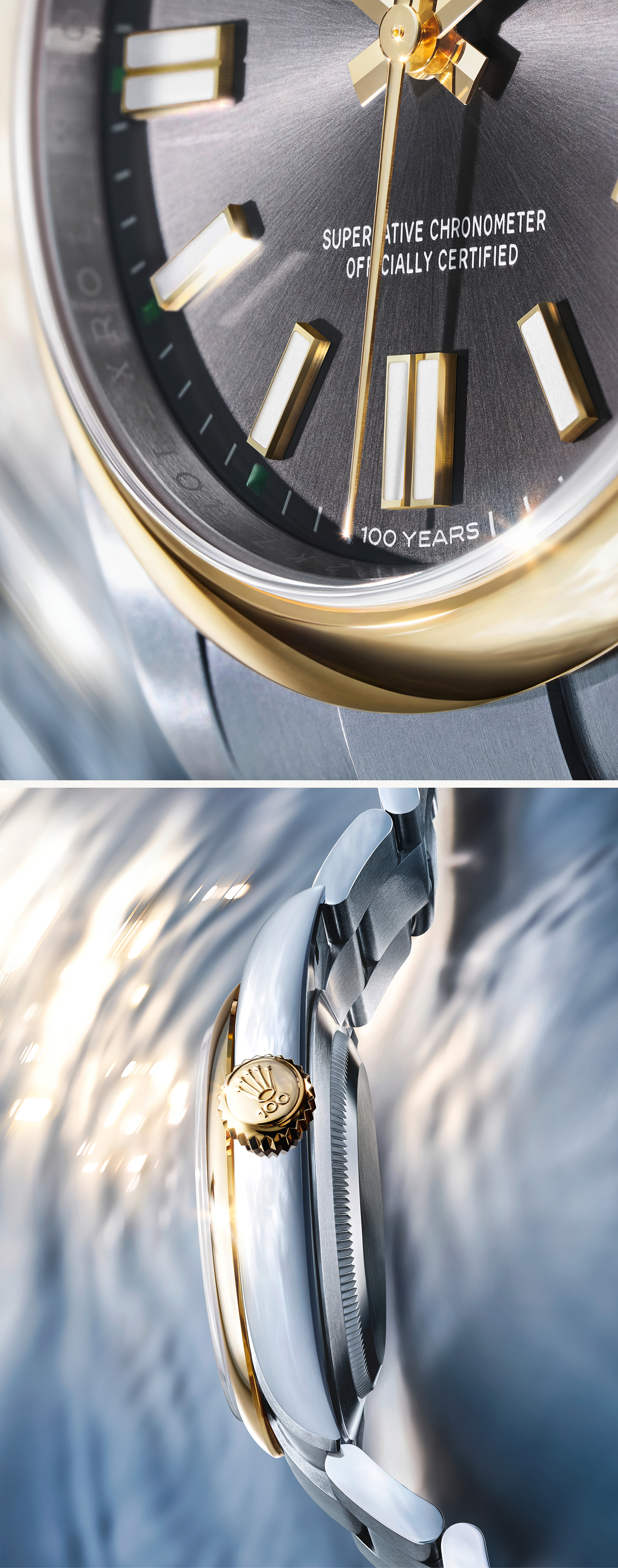 Das schiefergraue Zifferblatt der Oyster Perpetual 41 mit der Aufschrift „100 years“