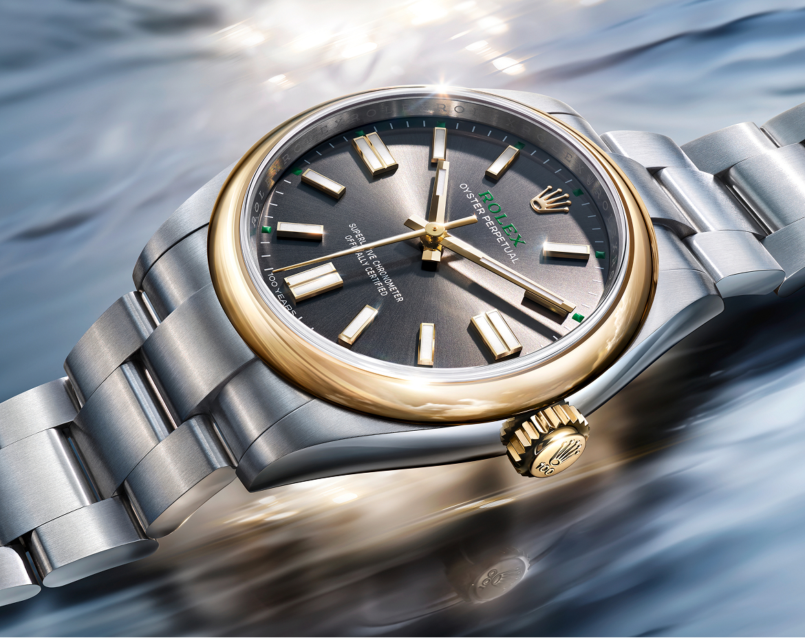 Die Oyster Perpetual 41 in Rolesor gelb – Lünette und Aufzugskrone in Gelbgold