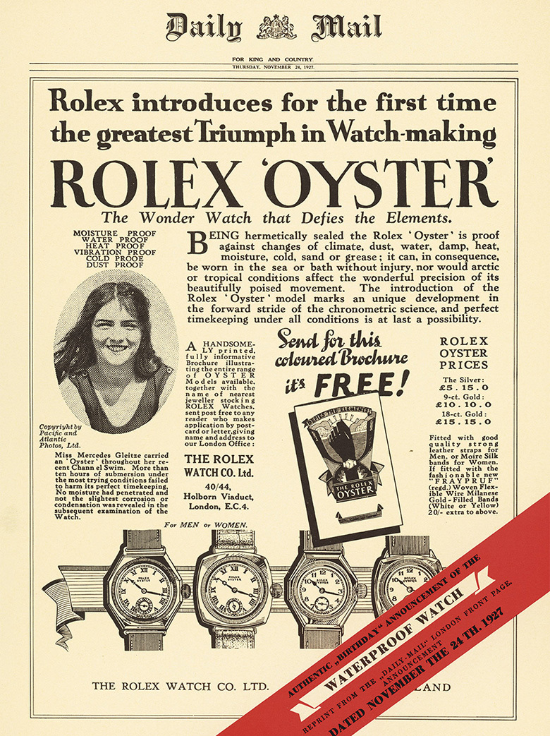 Die Daily-Mail-Anzeige von 1927, mit der Rolex die Oyster und Mercedes Gleitzes Ärmelkanaldurchquerung ankündigte