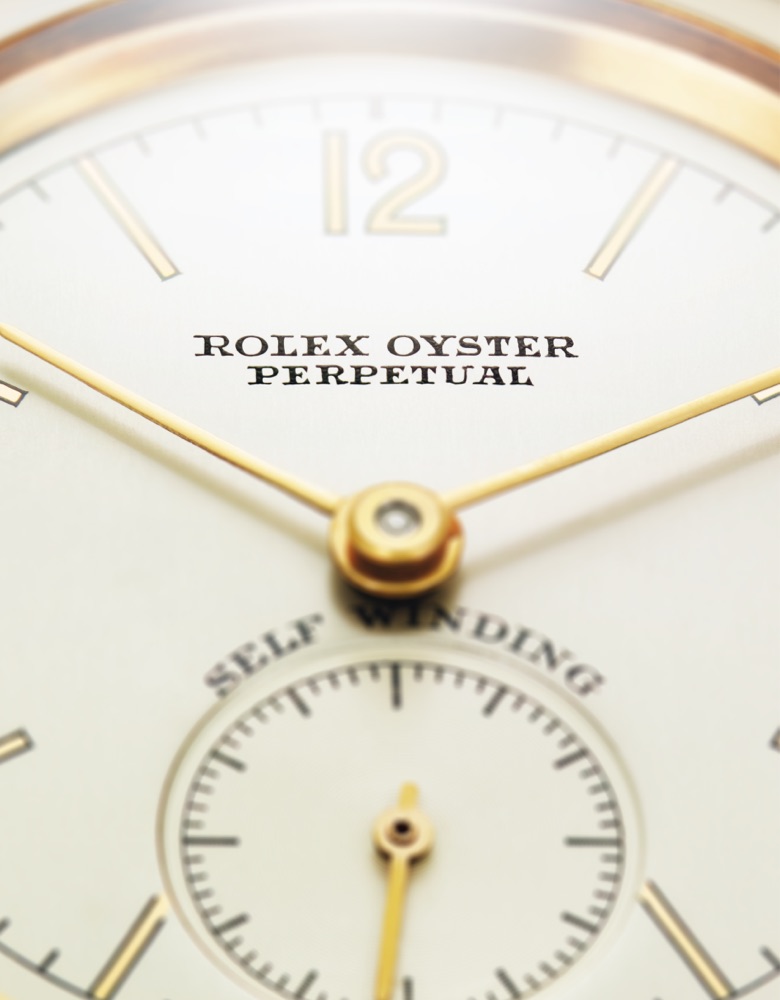 Das Zifferblatt einer Rolex Oyster Perpetual von 1931 mit dem Schriftzug „Self-winding“